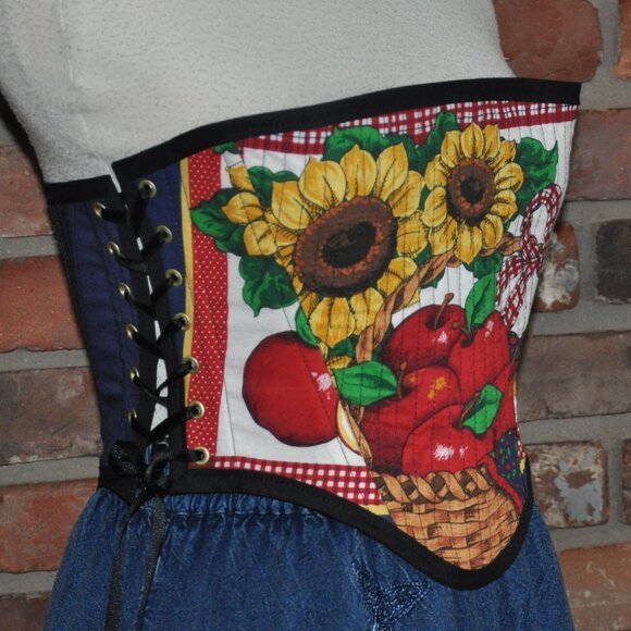 NEW Reversible Lace-up, Bustier Corset, Sunflowers Apples & Denim Upcycled   M - Picture 6 of 9